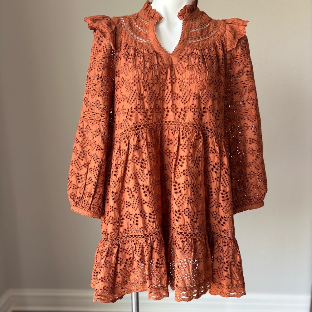 American Eagle AE77 Premium Eyelet Mini Burnt Orange Cottagecore Fall Dress S